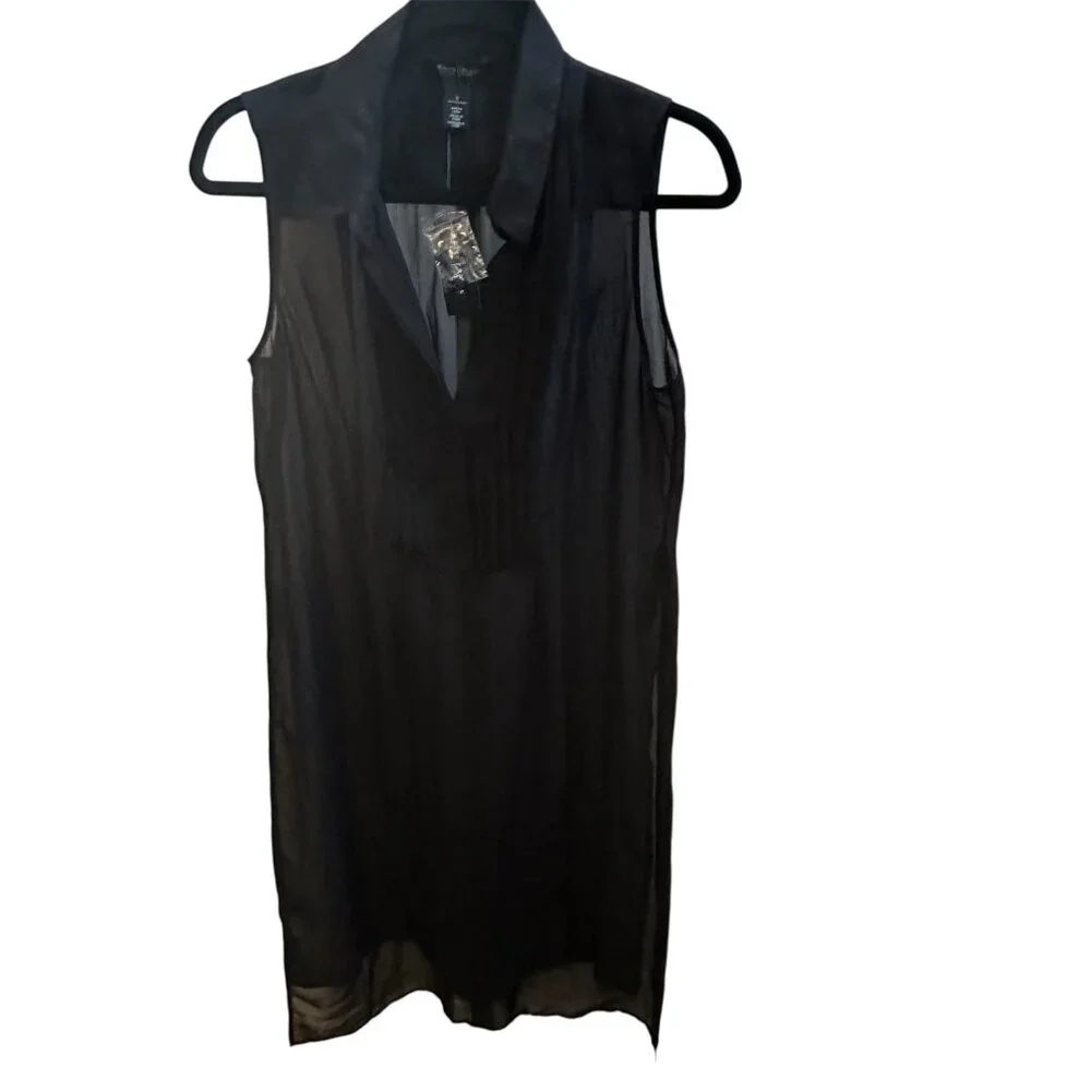 White House Black Market Pleated Bib Sheer Black Tunic Top NWT Sz S - Picture 1 of 9